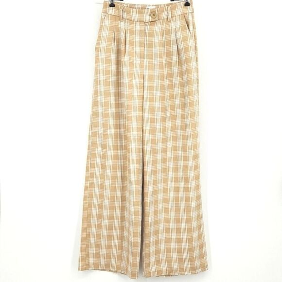 Princess Polly Archer Pants Womens Size 4 Wide Leg Beige Plaid Light Academia - Picture 1 of 9